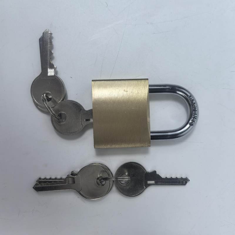 40mm solid brass padlock with a hardened steel shackle, shown with one master key and change keys