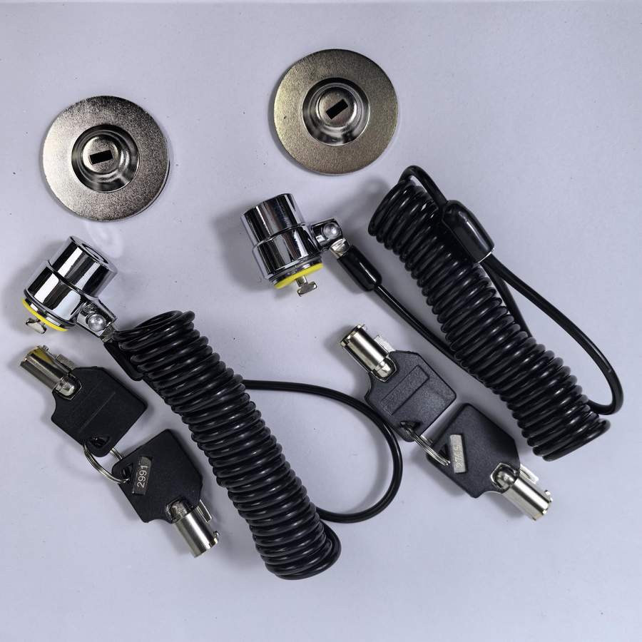 Security cable lock set for retail displays — mounting bases, lock heads, retractable cables and keys