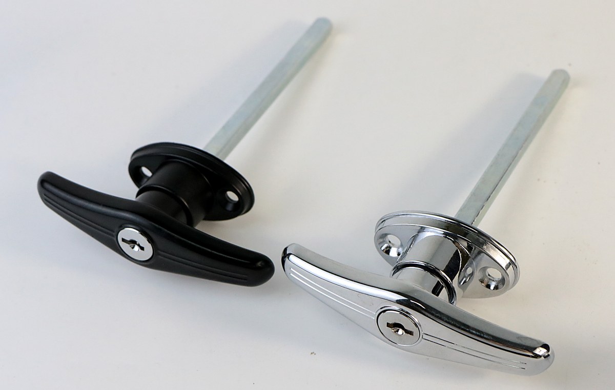 T handle lock — chrome plated and powder-coated black finishes, square shaft, for garage door RV truck door